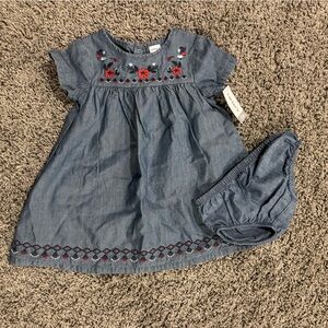 Baby girls Carter's chambray Dress with Red, white, and blue Embroidery, 12 mths